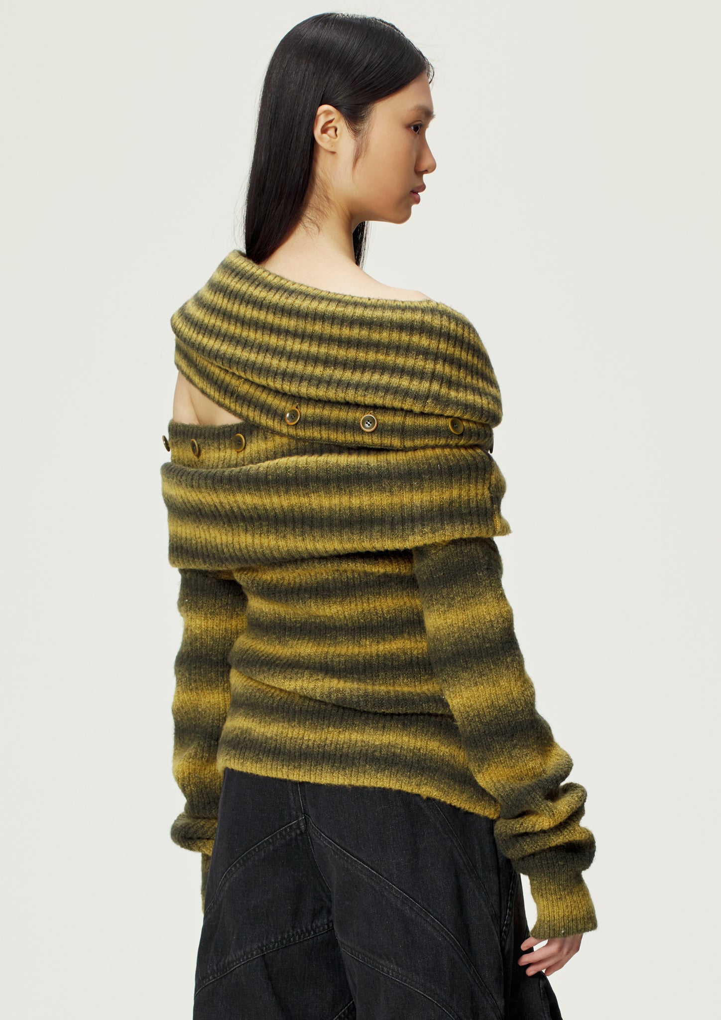 Yellow Striped Asymmetric Spread Collar Sweater