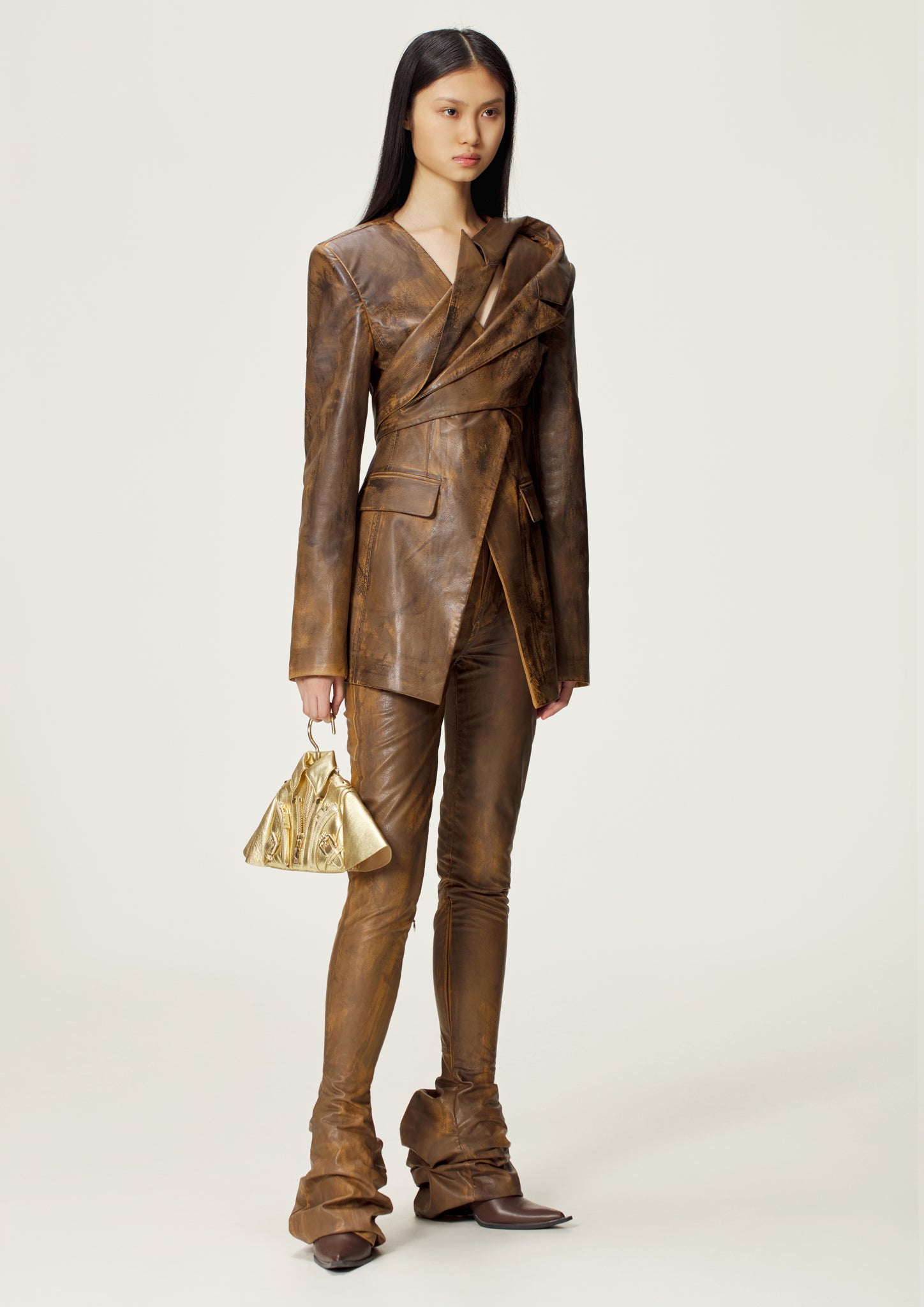 Brown Asymmetric Faux-leather Blazer