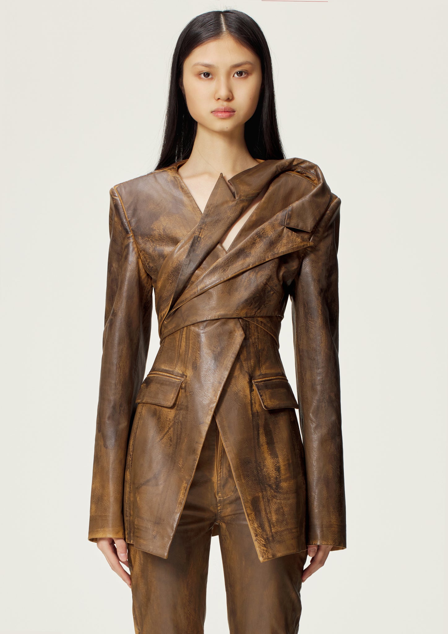 Brown Asymmetric Faux-leather Blazer