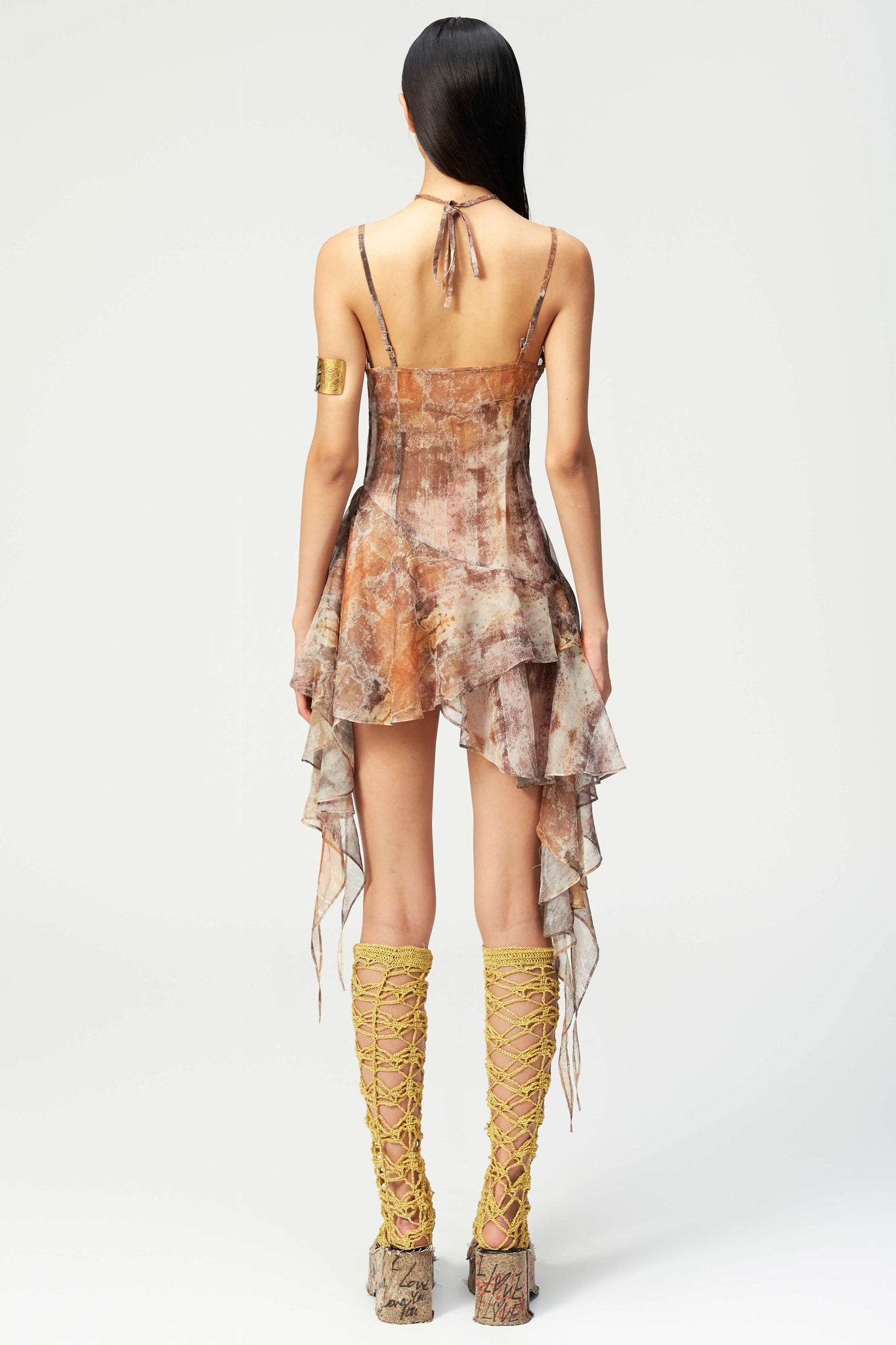 Brown print chiffon neck strap dress