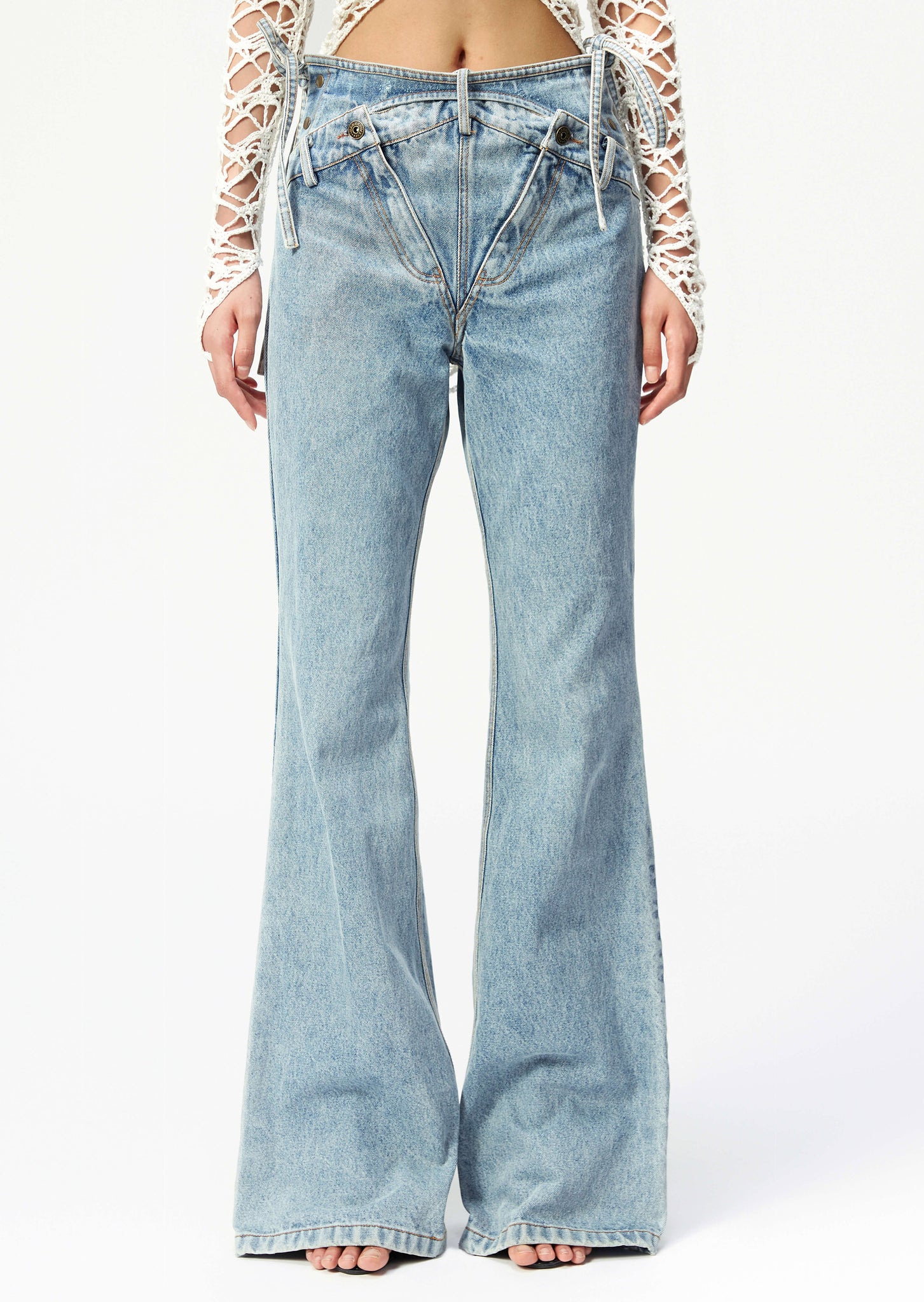 Blue hollowed out long denim pants