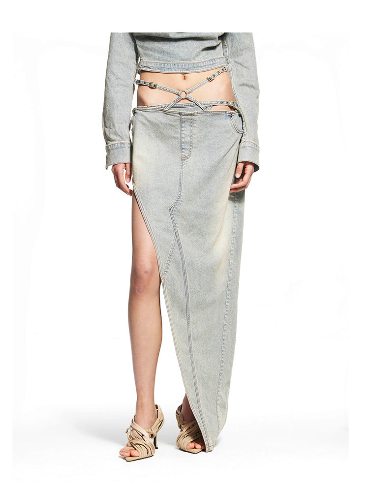 Blue Draped Denim Maxi Skirt