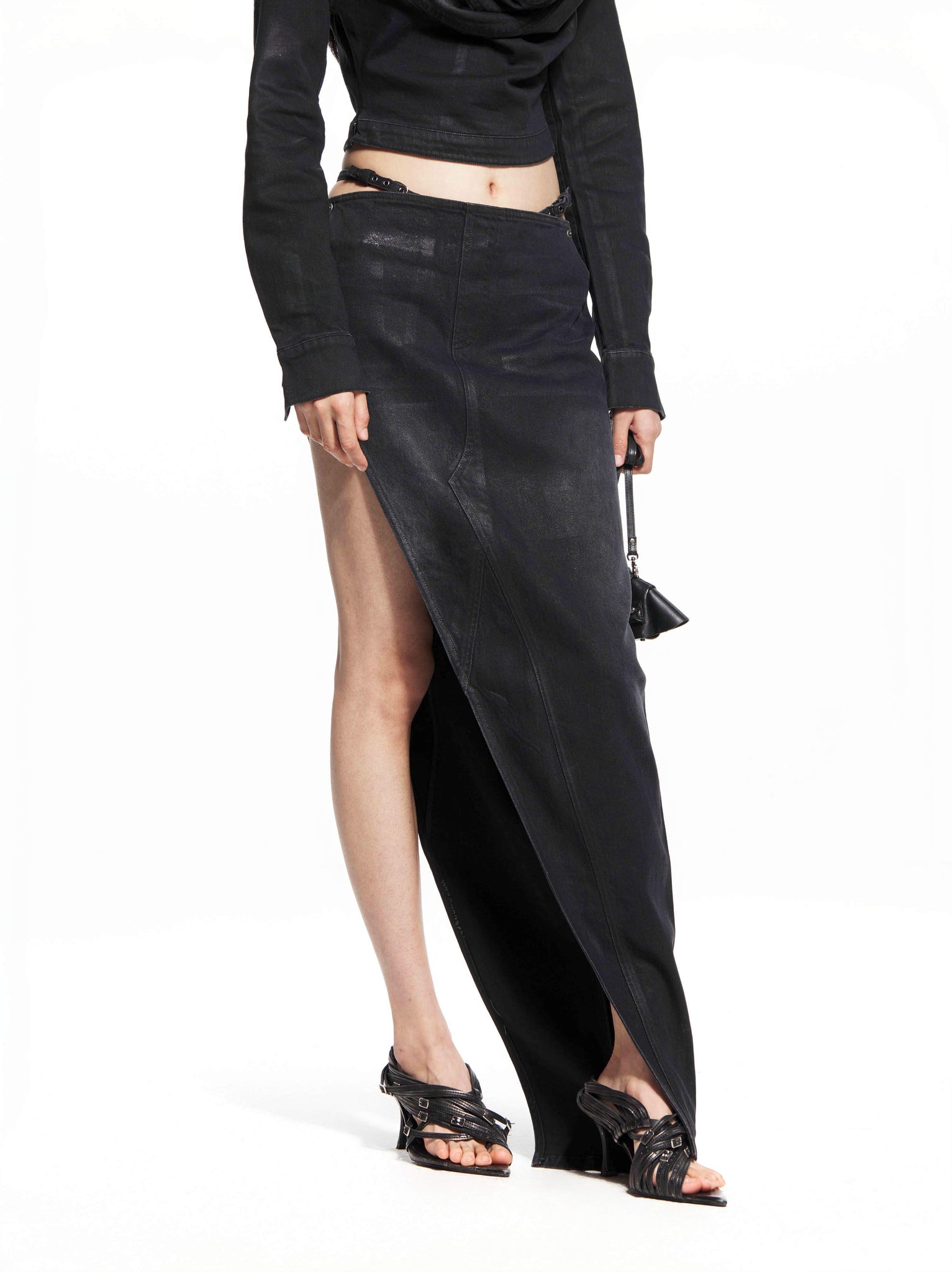 Blue Draped Denim Maxi Skirt