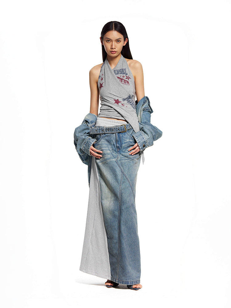 Dislocated Denim Maxi Skirt