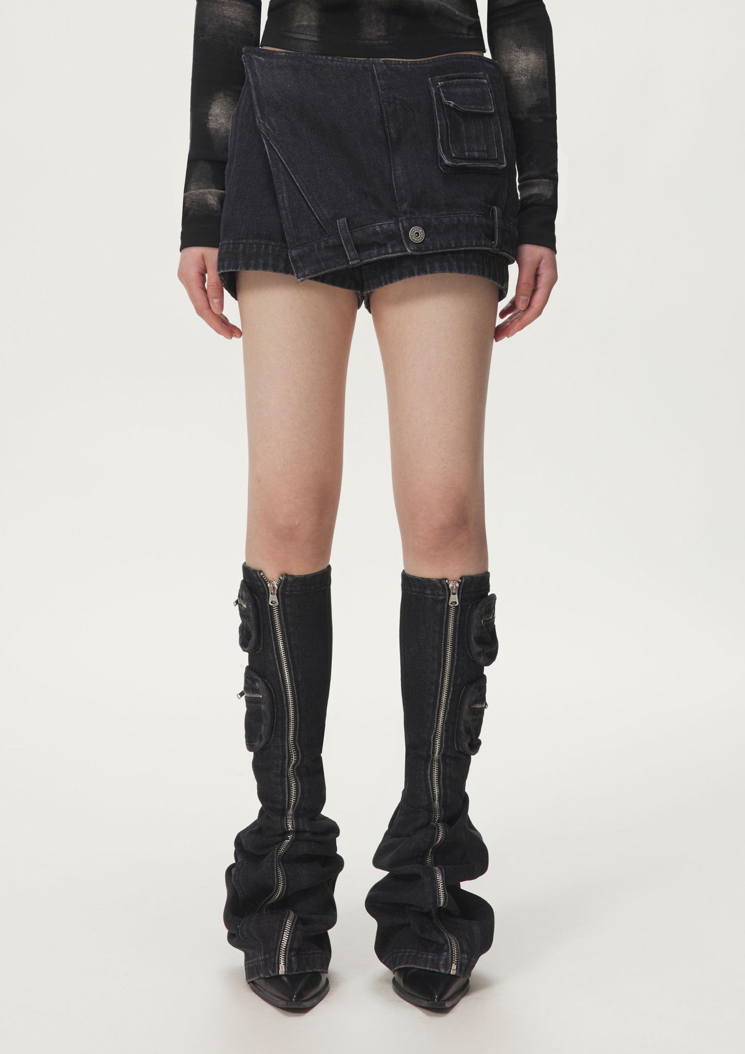 Black Asymmetric Denim Leg Warmers