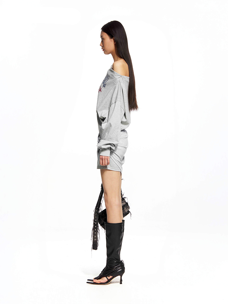 Grey Off-Shoulder Knotted Dress