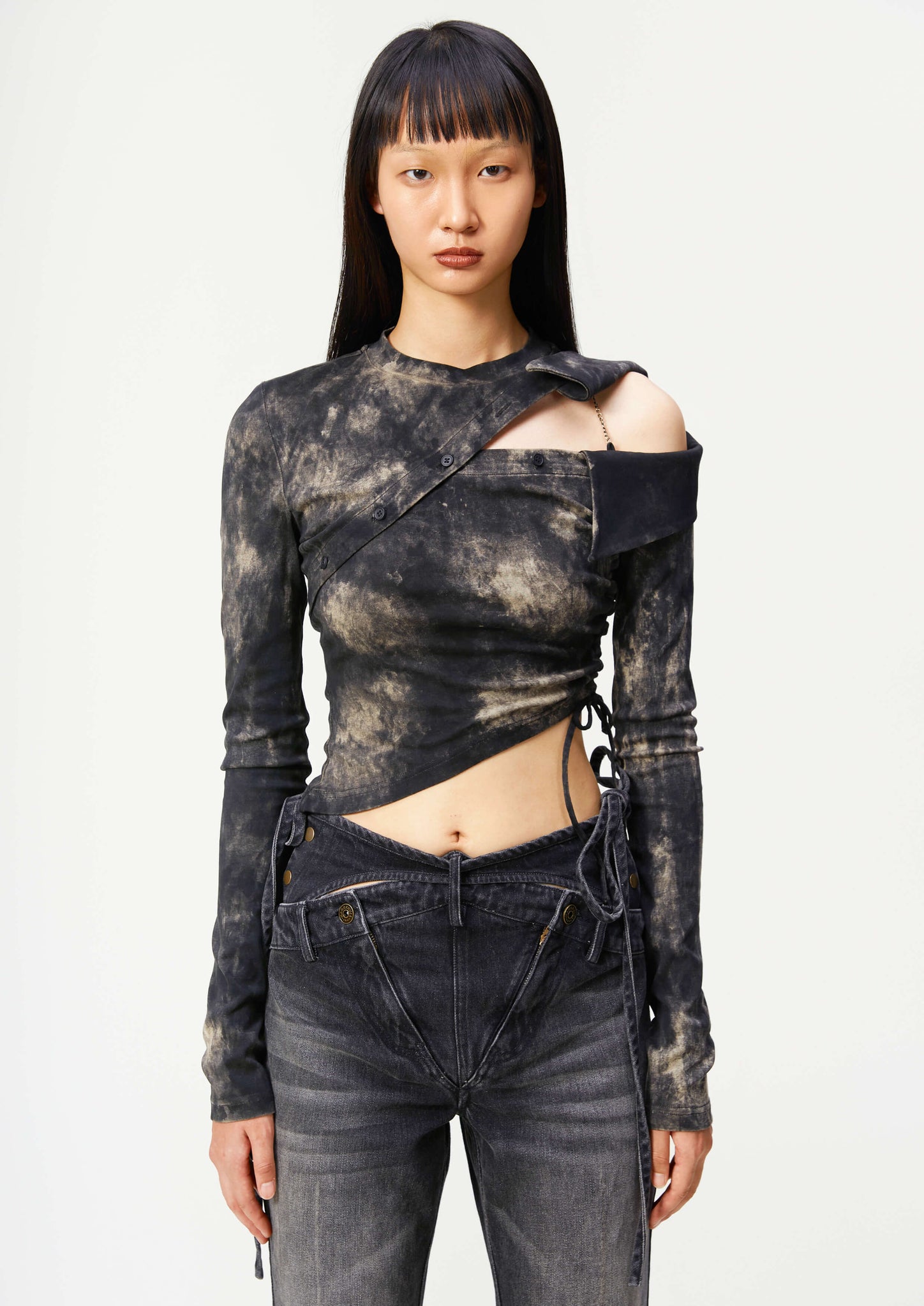 Black washed off shoulder long sleeve T-shirt